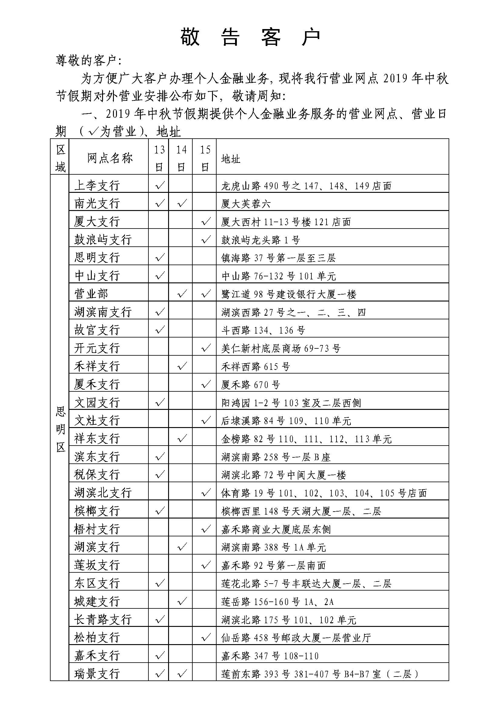 中国建设银行-厦门分行2019年“中秋节”期间网点营业时间公告
